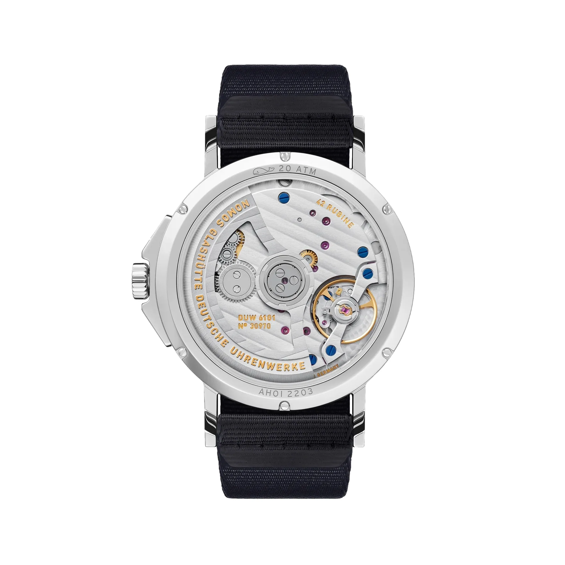 Ahoi Neomatik Sapphire Back 38mm - White Silver-Plated on Fabric Strap - Image 6