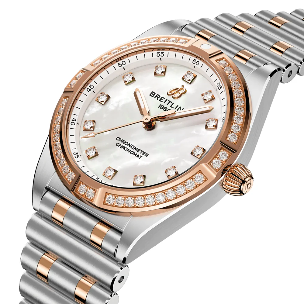Chronomat Red Gold Two-Tone 28mm - White Mother-of-Pearl w/ Diamonds on Bracelet - Image 2