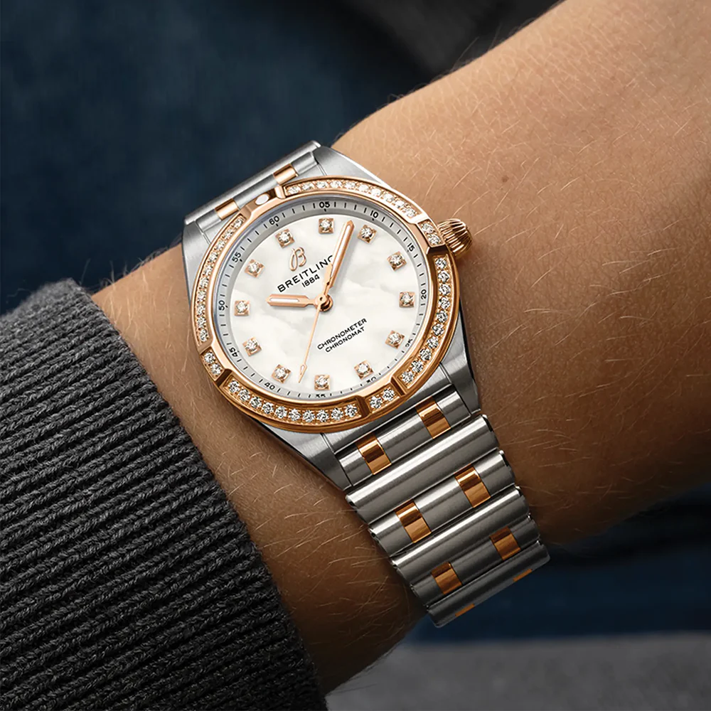 Chronomat Red Gold Two-Tone 28mm - White Mother-of-Pearl w/ Diamonds on Bracelet - Image 3