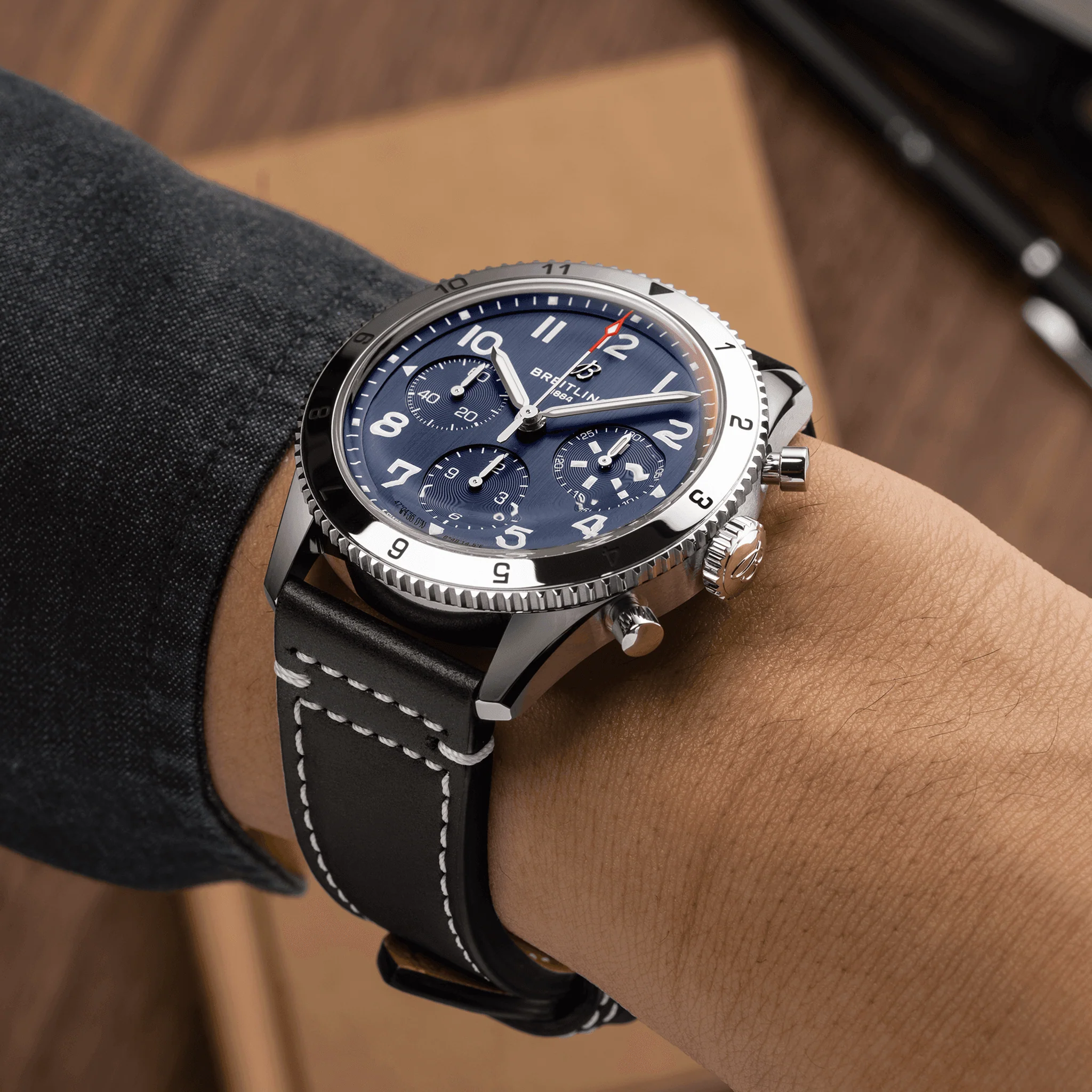 Classic AVI Chronograph 42mm Tribute to Vought F4U Corsair - Blue on Leather Strap - Image 5
