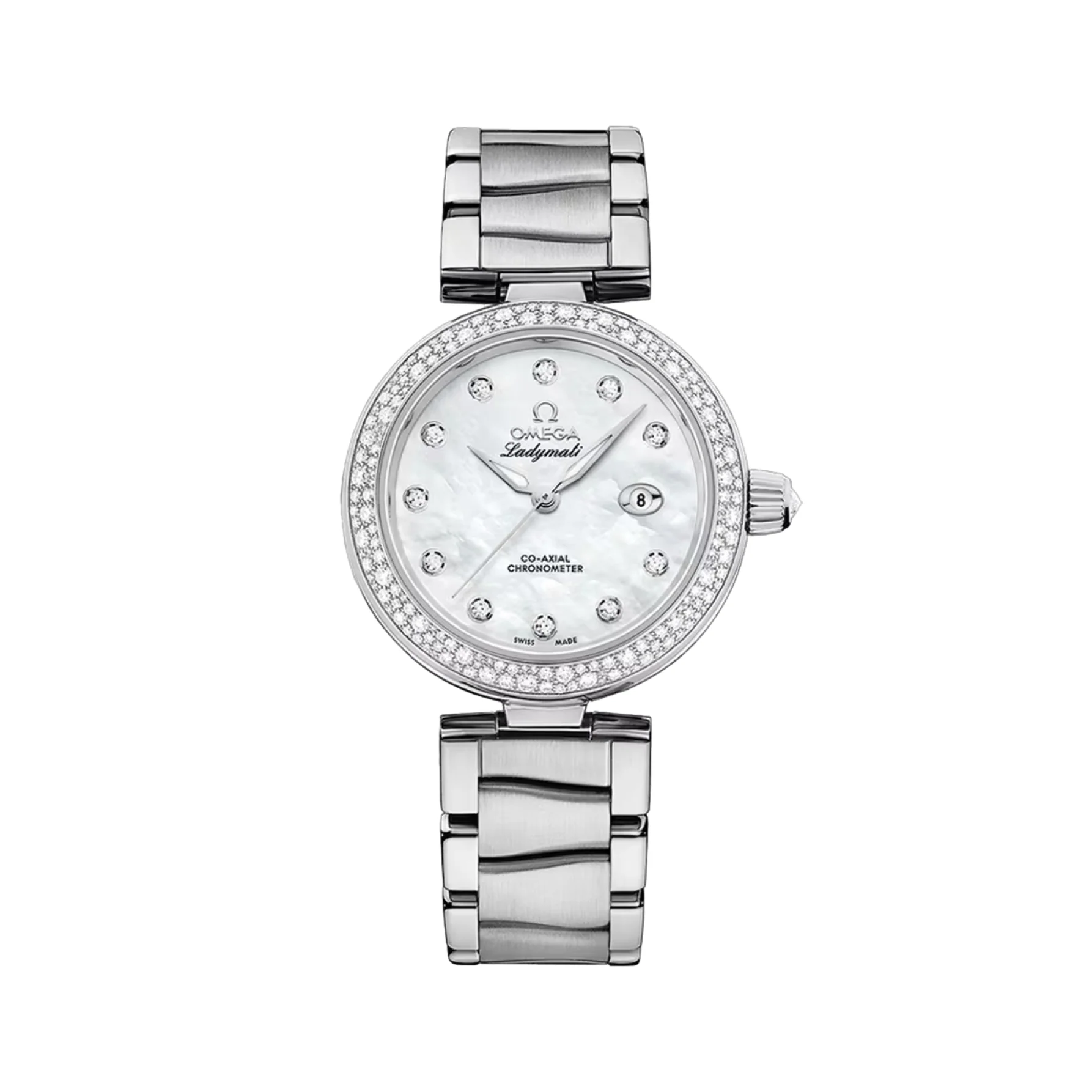 De Ville Ladymatic 34mm - White Mother of Pearl w/ Diamonds and Diamond Bezel on Bracelet