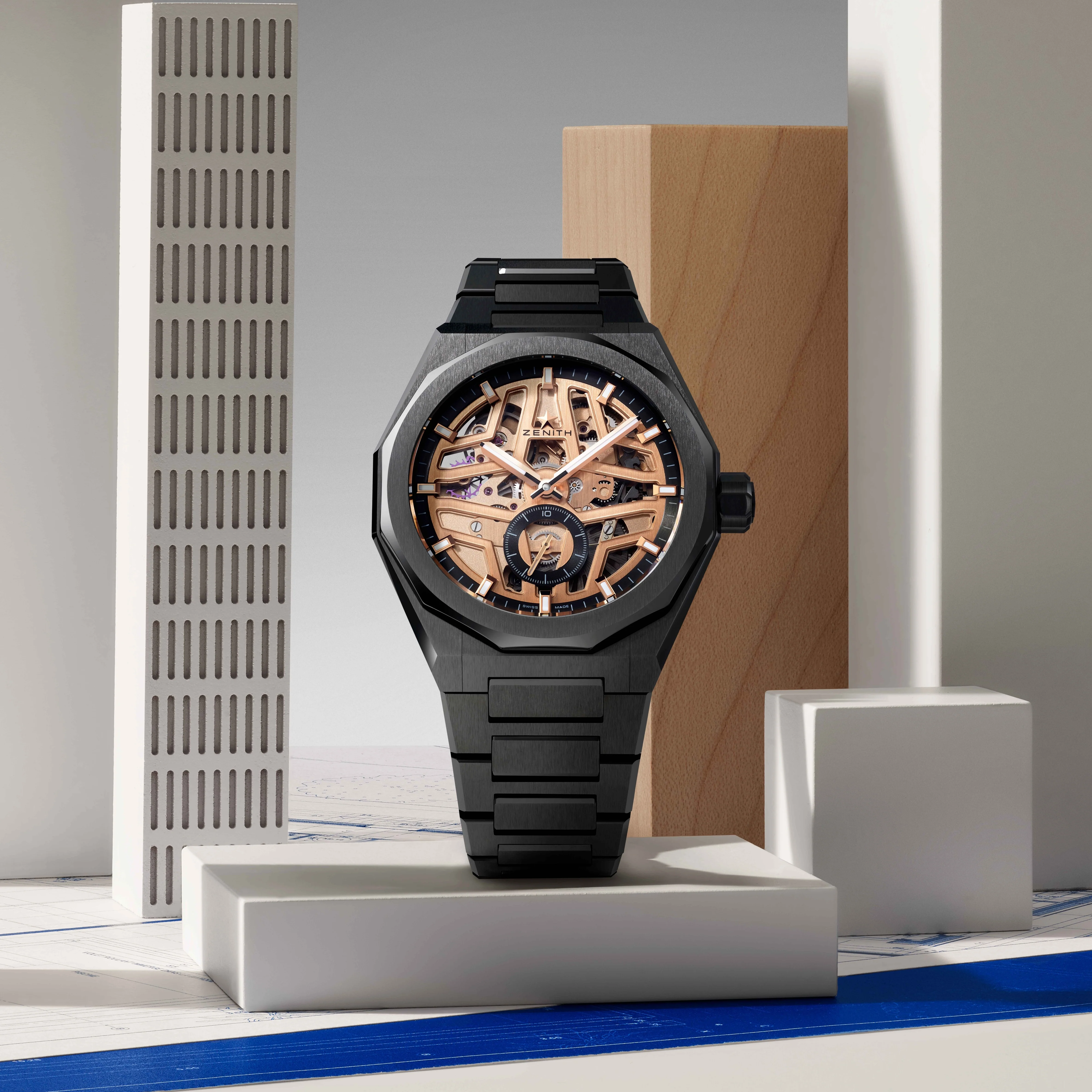 Defy Skyline Skeleton Ceramic 41mm - Gold-Toned on Bracelet w/ Extra Rubber Strap - Image 2