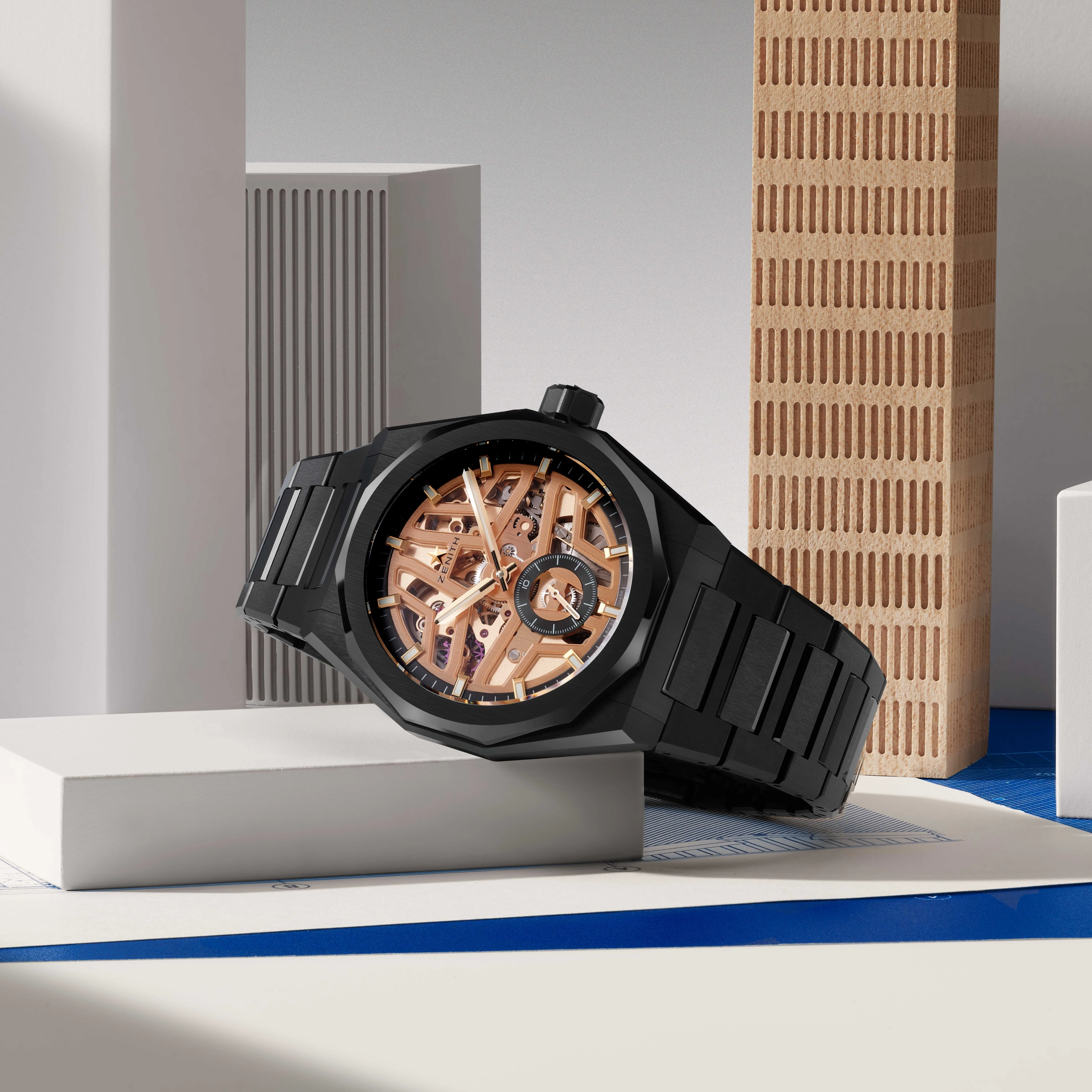 Defy Skyline Skeleton Ceramic 41mm - Gold-Toned on Bracelet w/ Extra Rubber Strap - Image 4