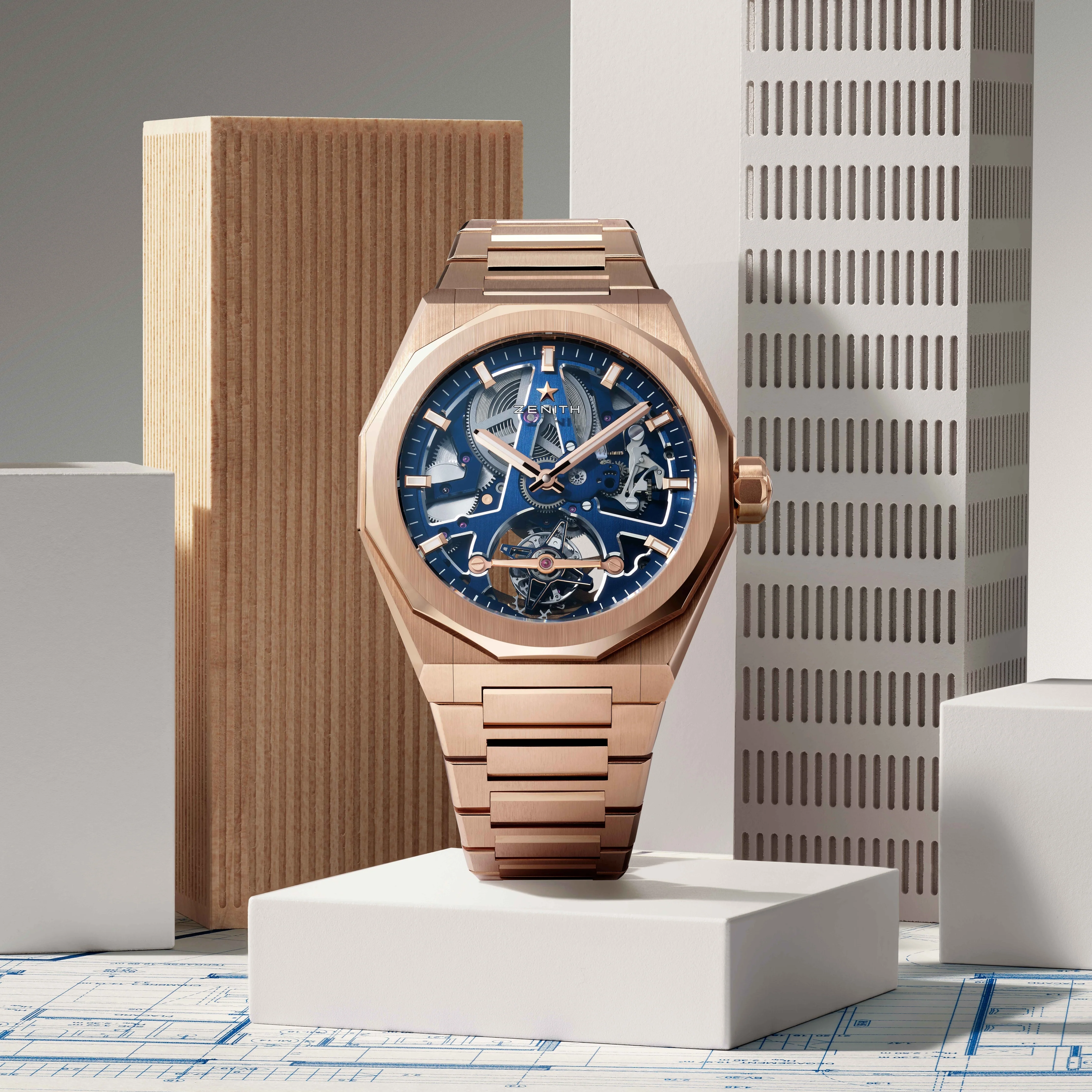 Defy Skyline Tourbillon Skeleton Rose Gold Limited Edition 41mm - Blue on Bracelet w/ Extra Rubber Strap - Image 2