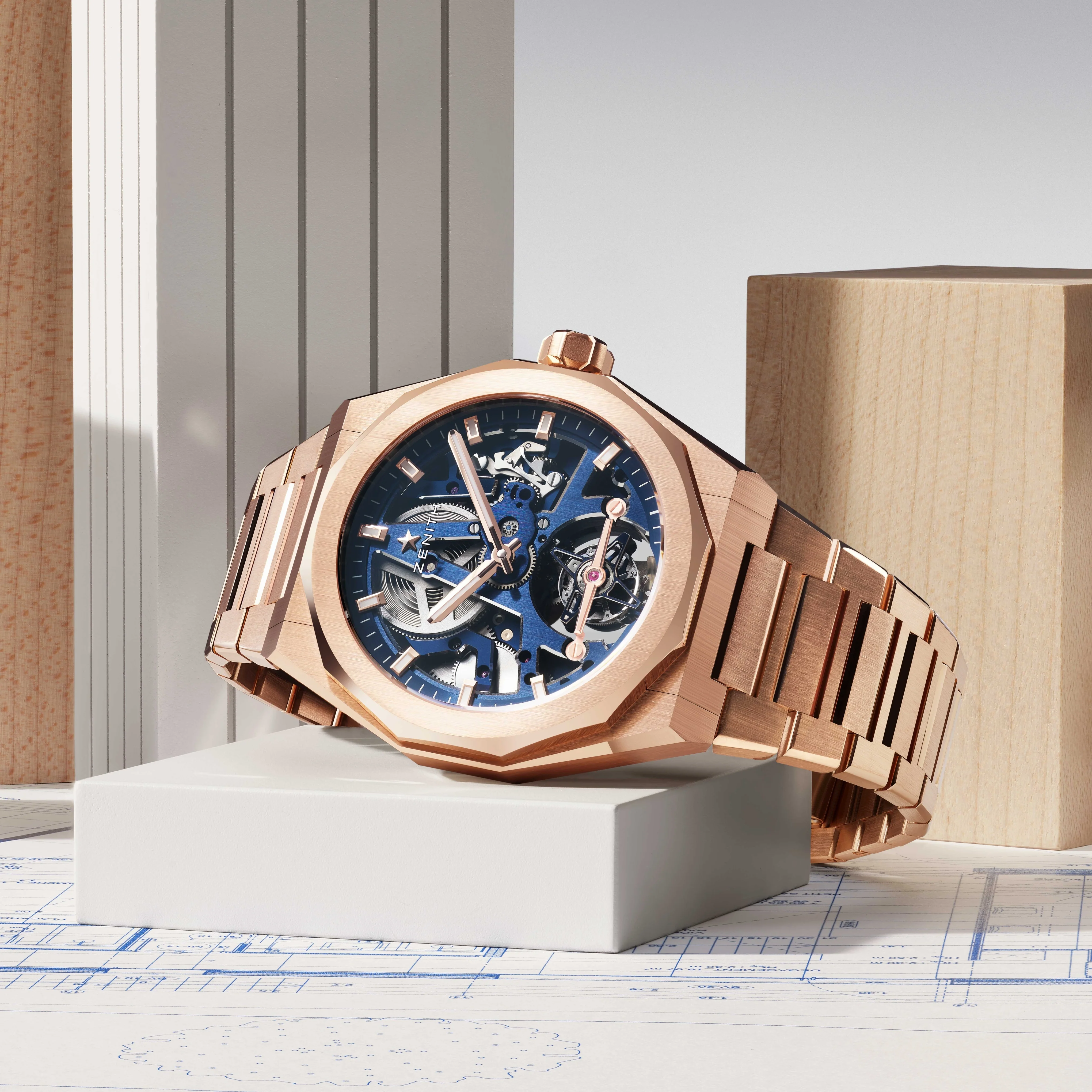 Defy Skyline Tourbillon Skeleton Rose Gold Limited Edition 41mm - Blue on Bracelet w/ Extra Rubber Strap - Image 3