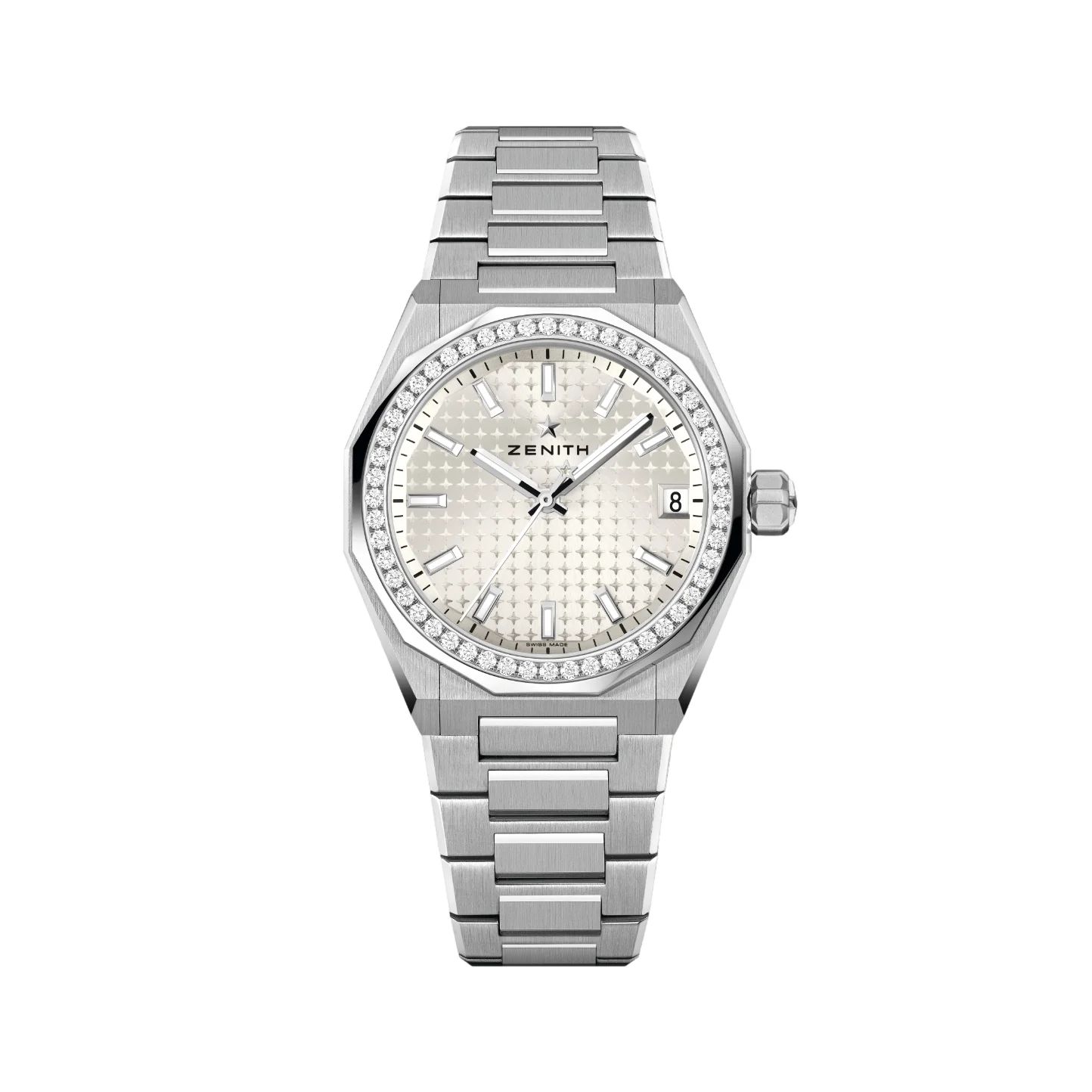 Defy Skyline w/ Diamonds 36mm - White-Toned on Bracelet w/ Extra Rubber Strap