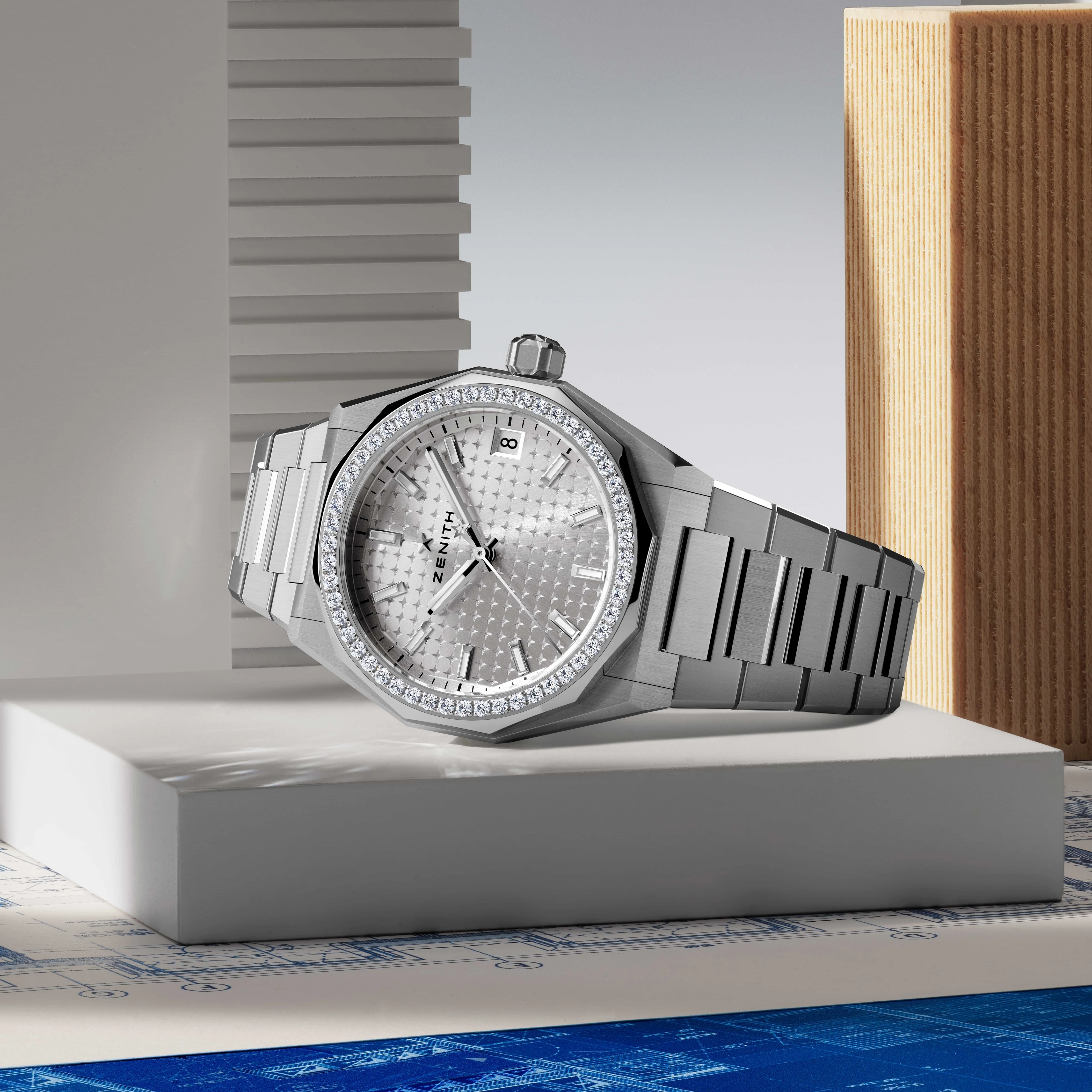 Defy Skyline w/ Diamonds 36mm - White-Toned on Bracelet w/ Extra Rubber Strap - Image 2