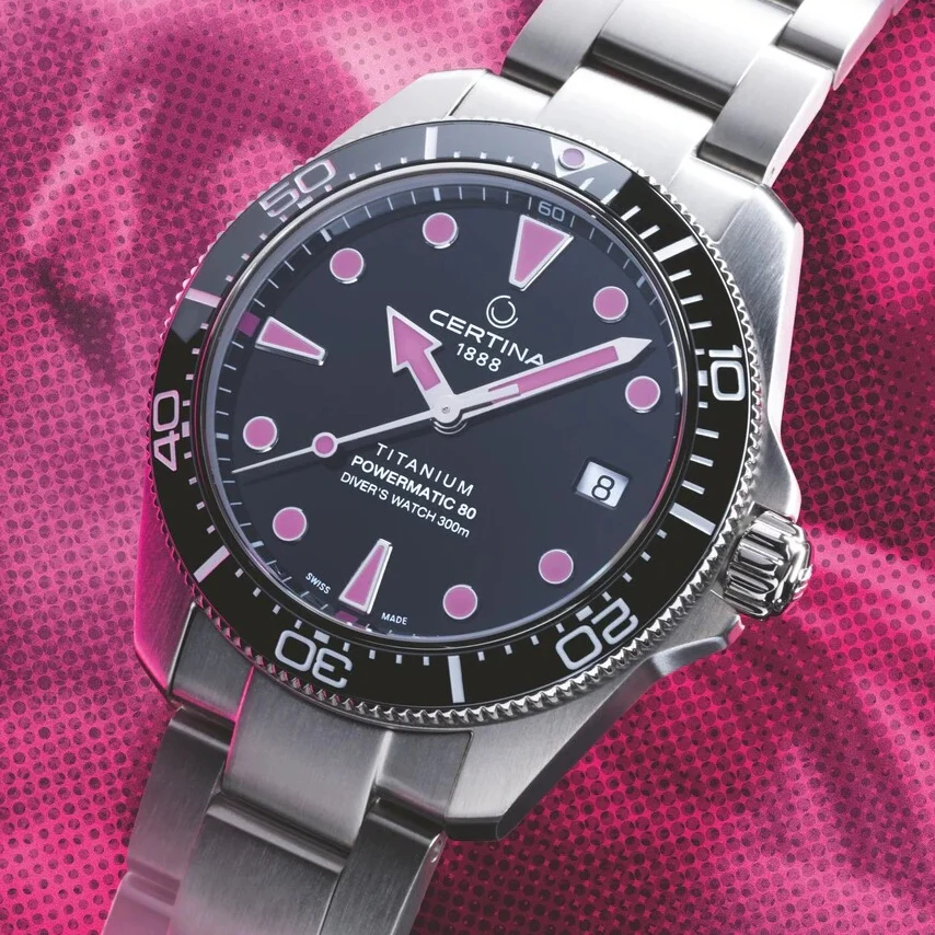 DS Action Diver “New DS Concept Extreme Shock Resistance” Titanium 38mm - Black, Pink Accents on Bracelet - Image 3