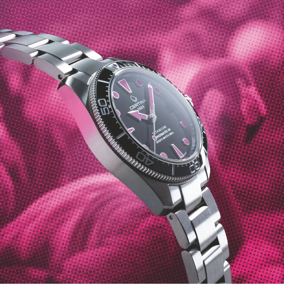 DS Action Diver “New DS Concept Extreme Shock Resistance” Titanium 38mm - Black, Pink Accents on Bracelet - Image 4