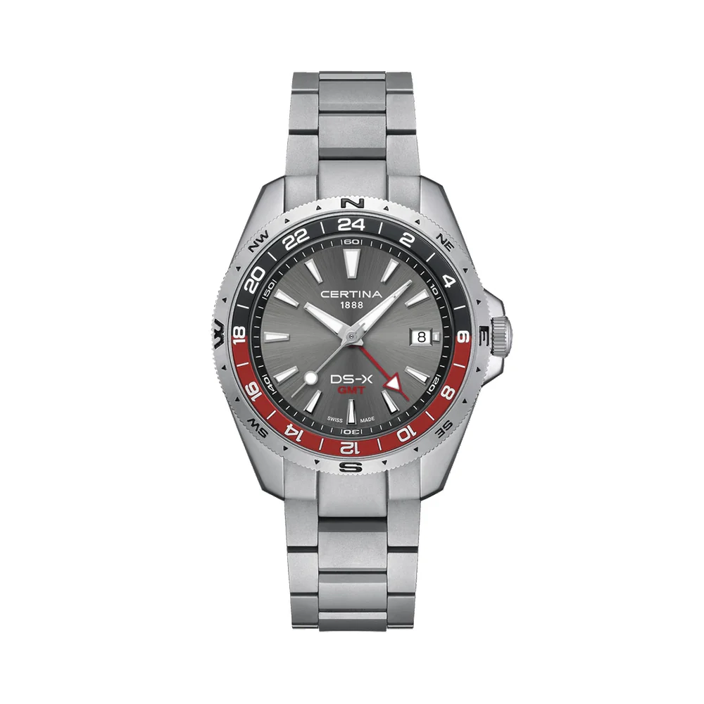 DS-X “New DS Concept Extreme Shock Resistance” GMT Quartz 41mm - Grey w/ Red Bezel on Bracelet
