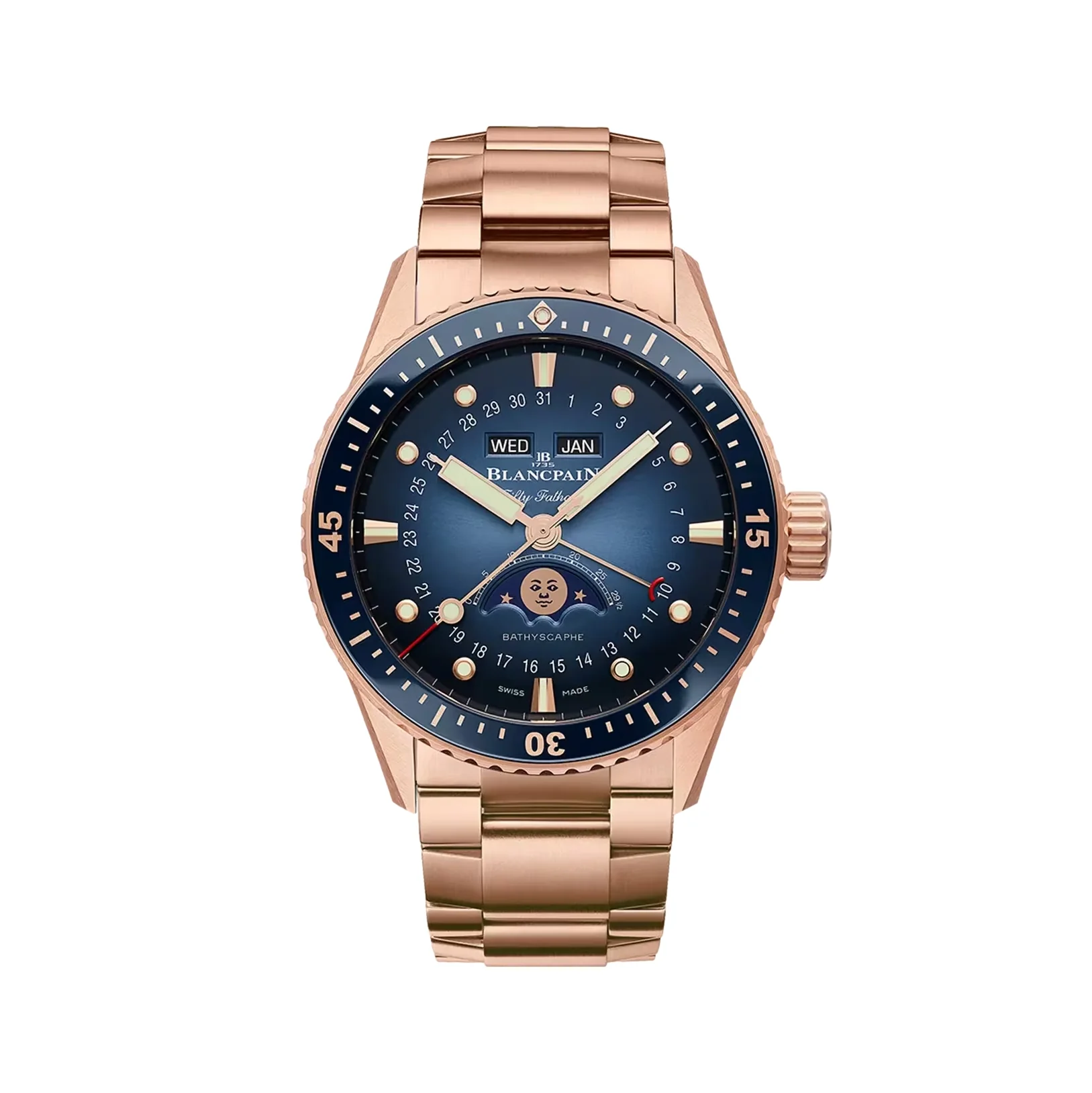 Fifty Fathoms Bathyscaphe Quantième Complet Phases de Lune Red Gold 43mm - Blue on Bracelet