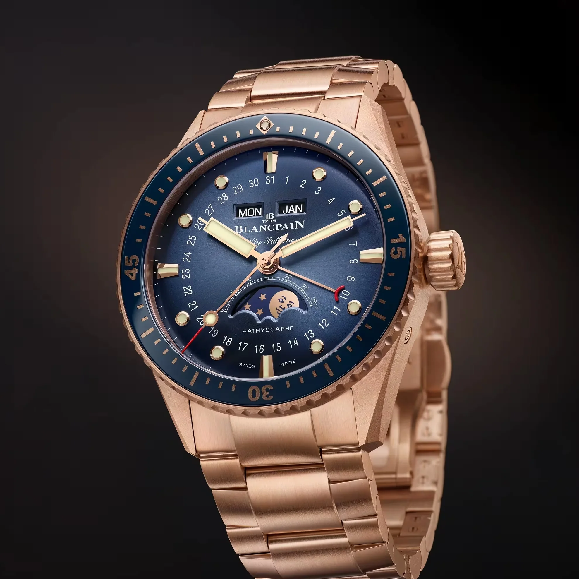 Fifty Fathoms Bathyscaphe Quantième Complet Phases de Lune Red Gold 43mm - Blue on Bracelet - Image 2