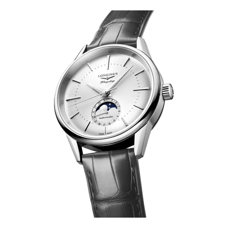 Flagship Heritage Moonphase 38.5mm - Sunray Silver on Leather Strap - Image 3