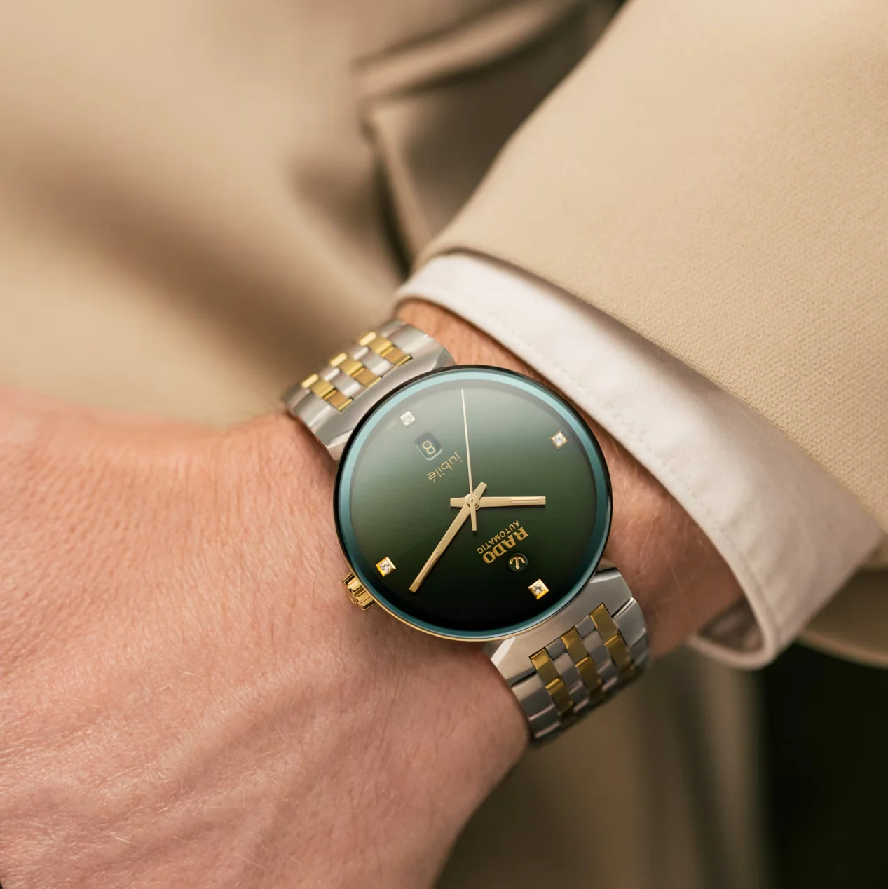 Florence Automatic Bi-Color Yellow Gold and Steel 39mm - Green on Bracelet - Image 2