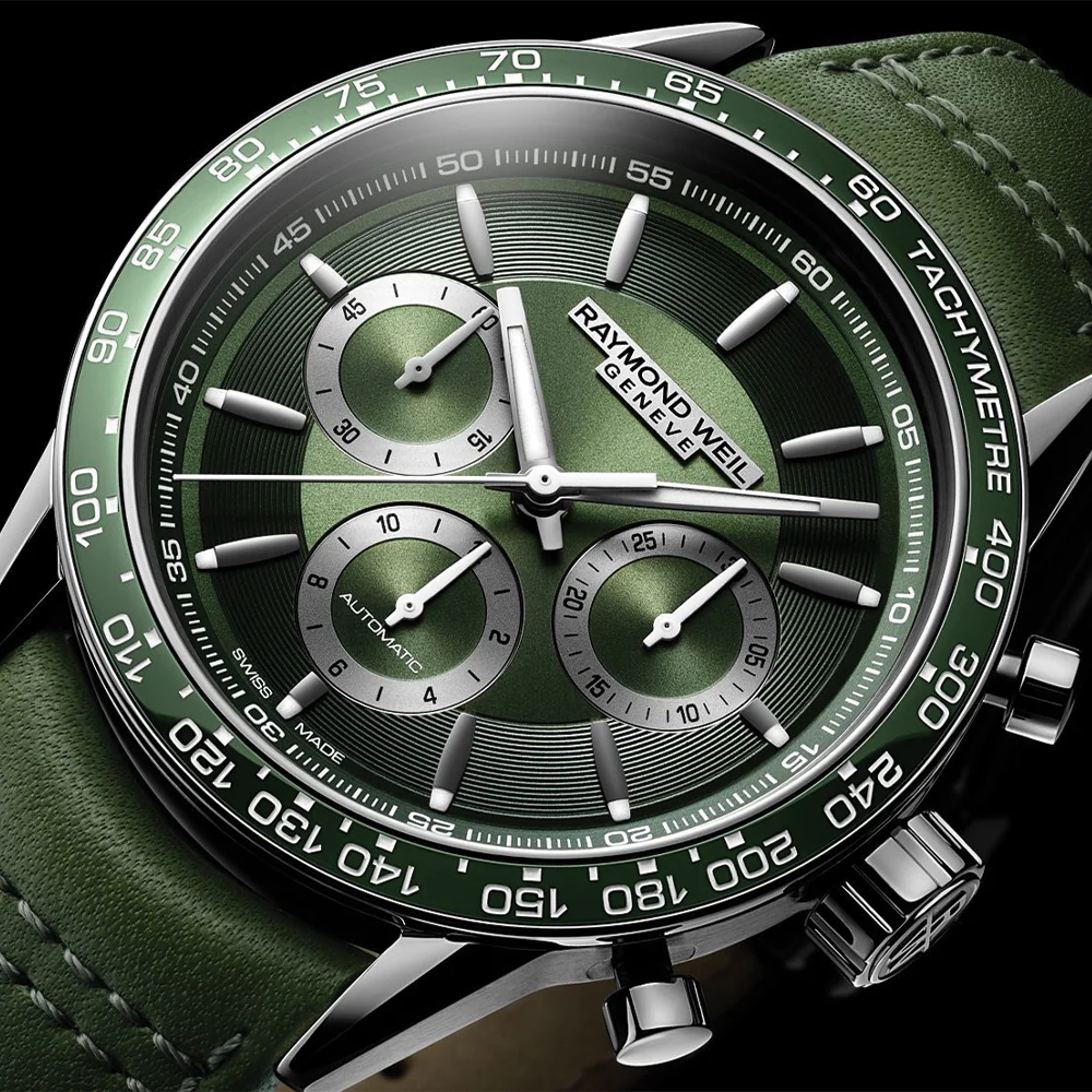 Freelancer Automatic Chronograph Ceramic Bezel 43.5mm - Green on Leather Strap - Image 2