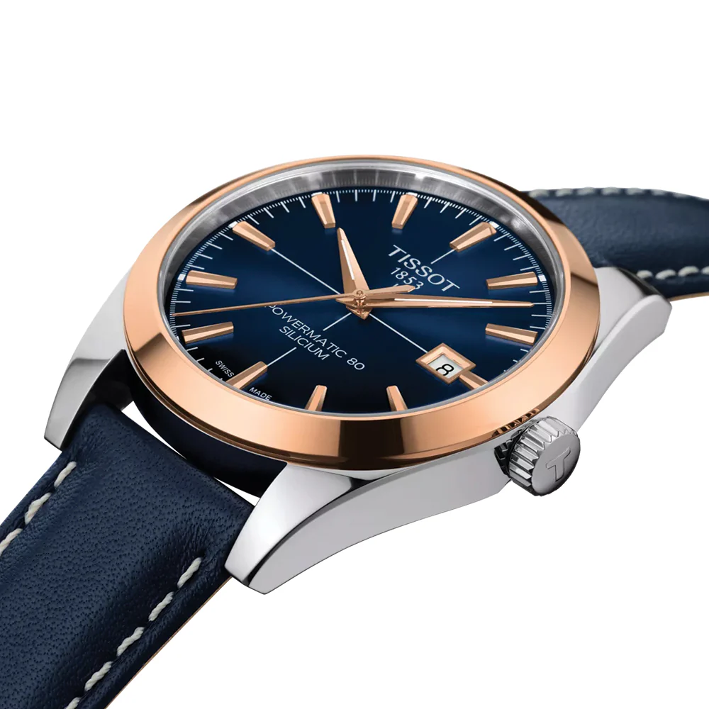 Gentleman Powermatic 80 Silicium Solid 18K Gold Bezel 40mm - Blue on Leather Strap - Image 2