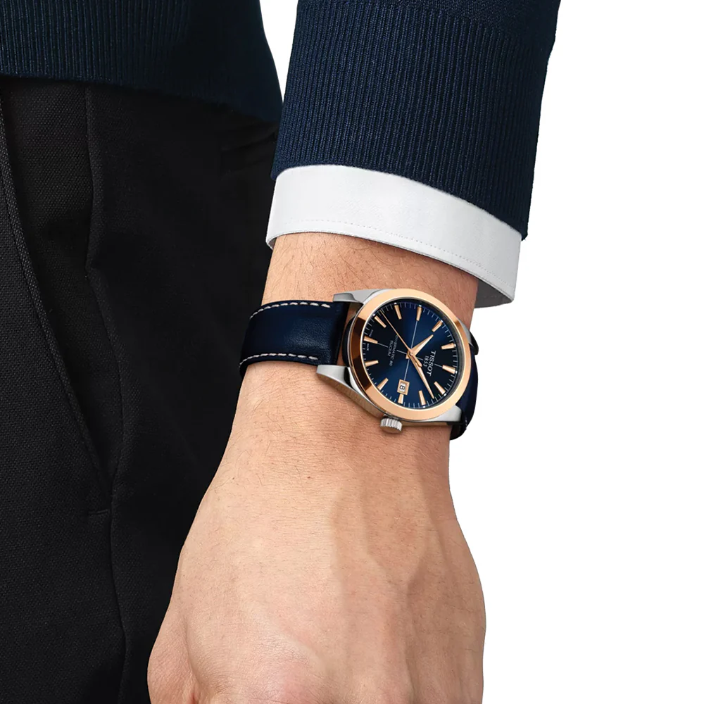 Gentleman Powermatic 80 Silicium Solid 18K Gold Bezel 40mm - Blue on Leather Strap - Image 3