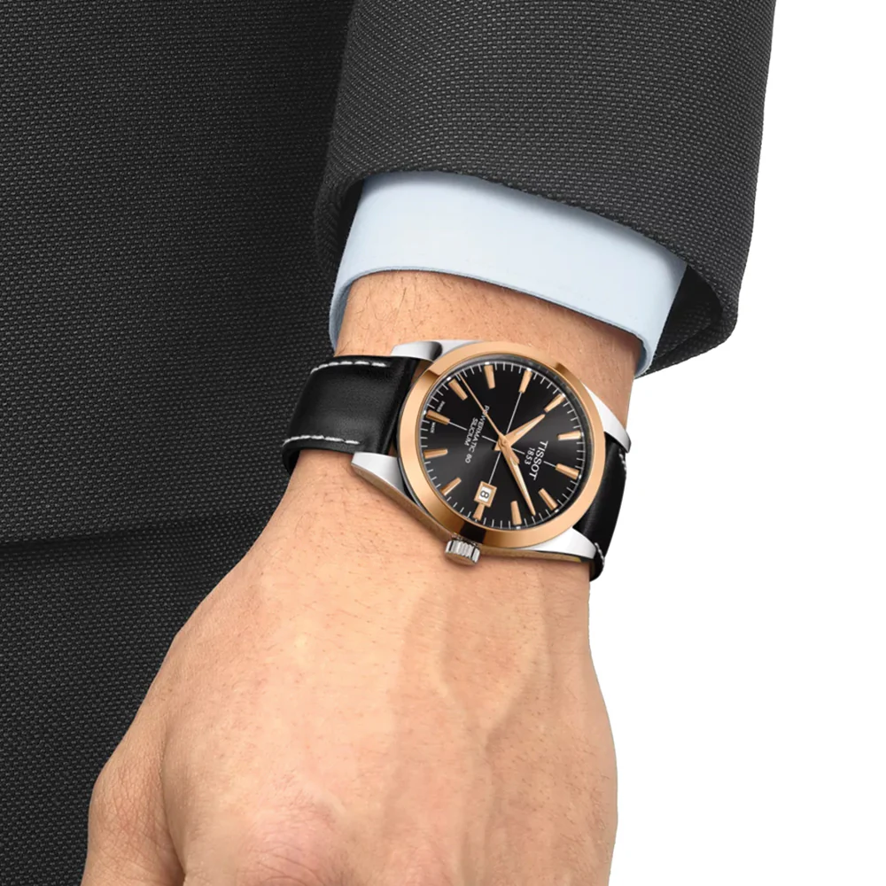 Gentleman Powermatic 80 Silicium Solid 18K Gold bezel 40mm - Black on Leather Strap - Image 2