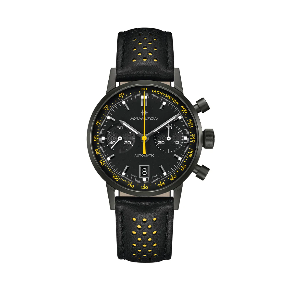 American Classic Intra-Matic Auto Chrono PVD 40mm - Black on Leather Strap with Yellow Detailing