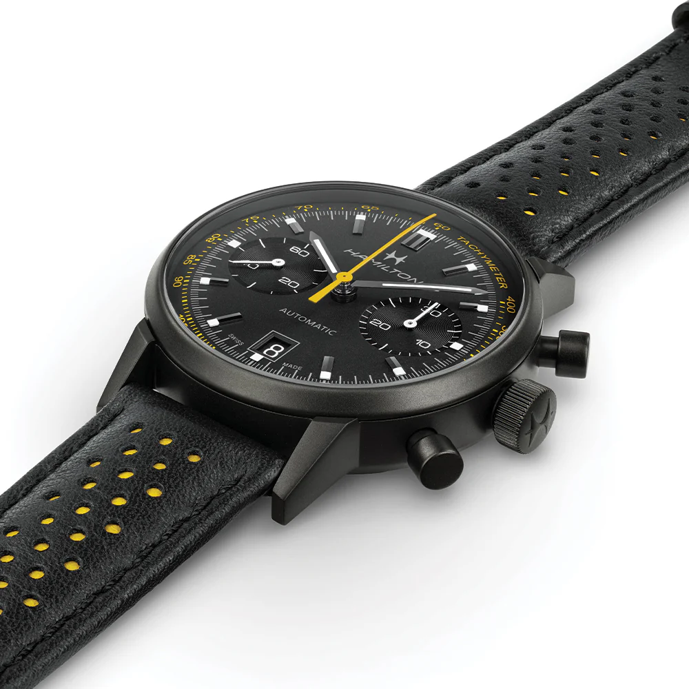 American Classic Intra-Matic Auto Chrono PVD 40mm - Black on Leather Strap with Yellow Detailing - Image 2