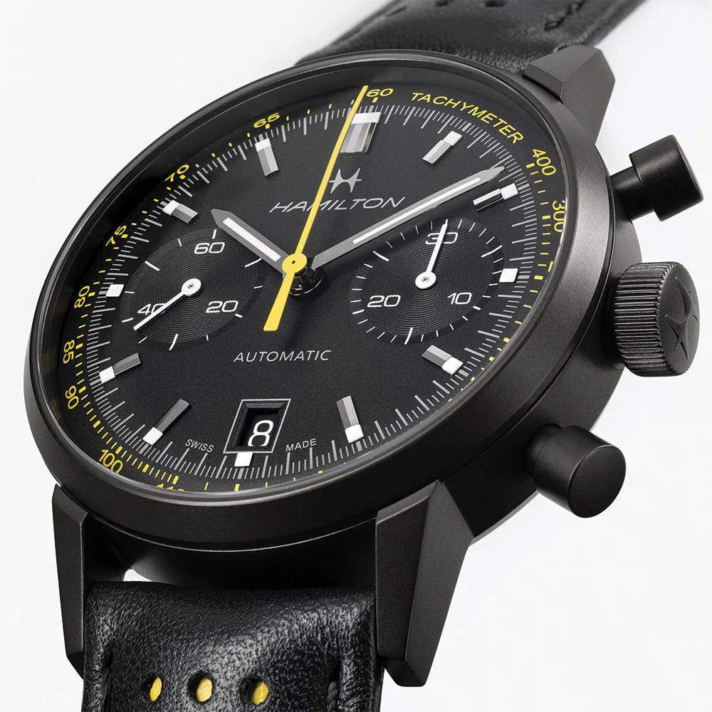 American Classic Intra-Matic Auto Chrono PVD 40mm - Black on Leather Strap with Yellow Detailing - Image 4