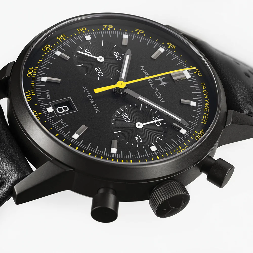 American Classic Intra-Matic Auto Chrono PVD 40mm - Black on Leather Strap with Yellow Detailing - Image 5