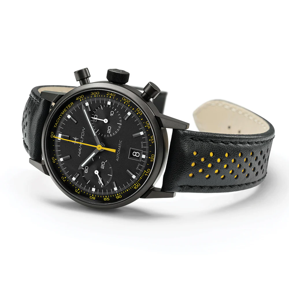 American Classic Intra-Matic Auto Chrono PVD 40mm - Black on Leather Strap with Yellow Detailing - Image 6
