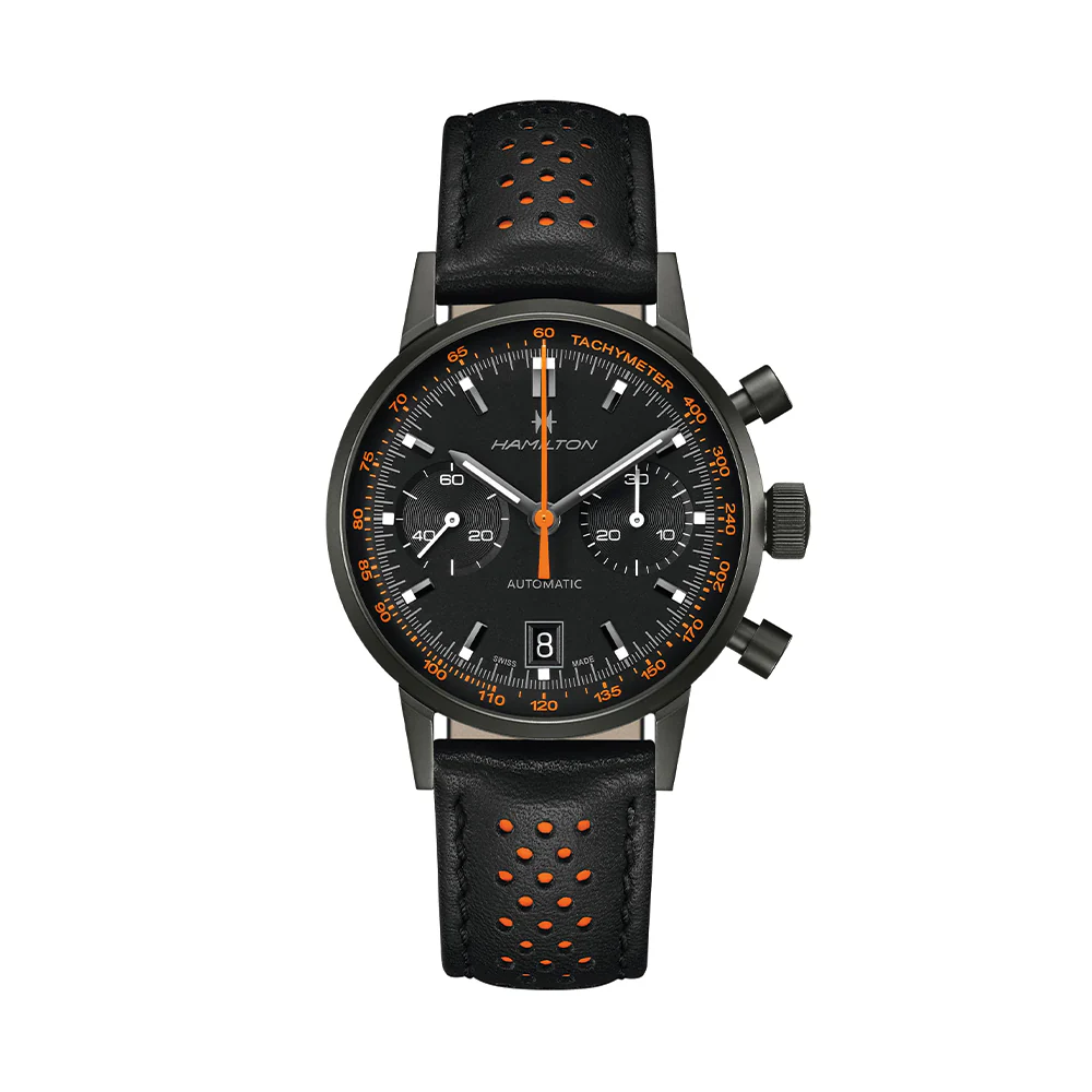 American Classic Intra-Matic Auto Chrono PVD 40mm - Black on Leather Strap with Orange Detailing