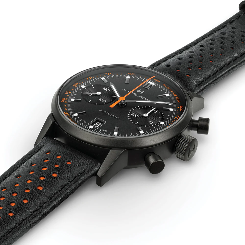 American Classic Intra-Matic Auto Chrono PVD 40mm - Black on Leather Strap with Orange Detailing - Image 2