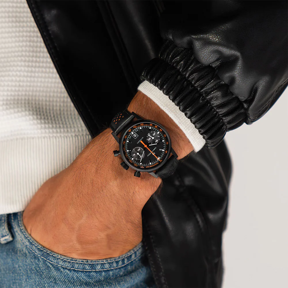 American Classic Intra-Matic Auto Chrono PVD 40mm - Black on Leather Strap with Orange Detailing - Image 3