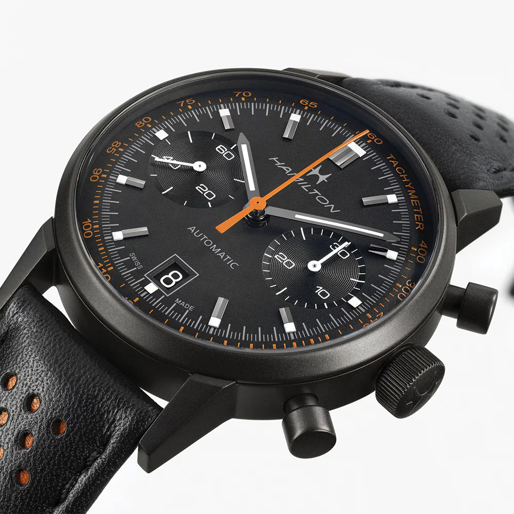 American Classic Intra-Matic Auto Chrono PVD 40mm - Black on Leather Strap with Orange Detailing - Image 4