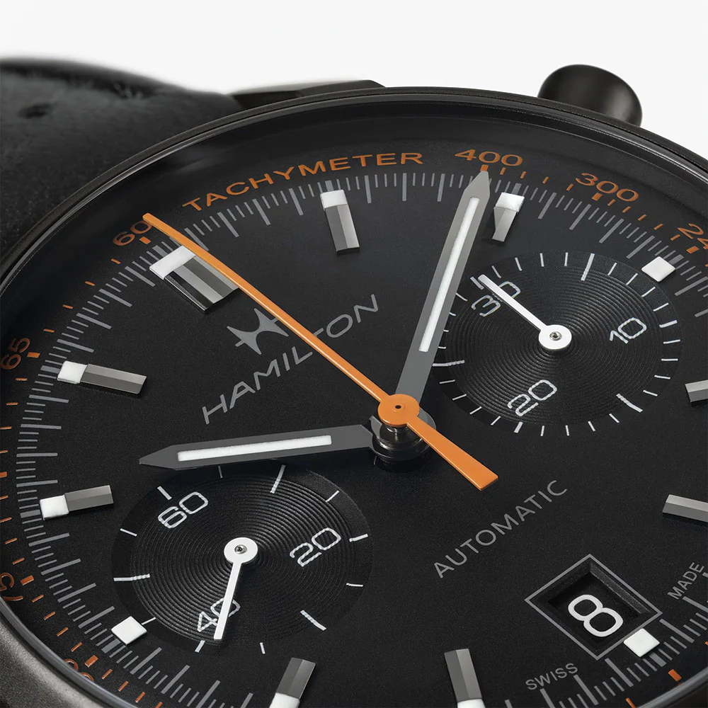 American Classic Intra-Matic Auto Chrono PVD 40mm - Black on Leather Strap with Orange Detailing - Image 5