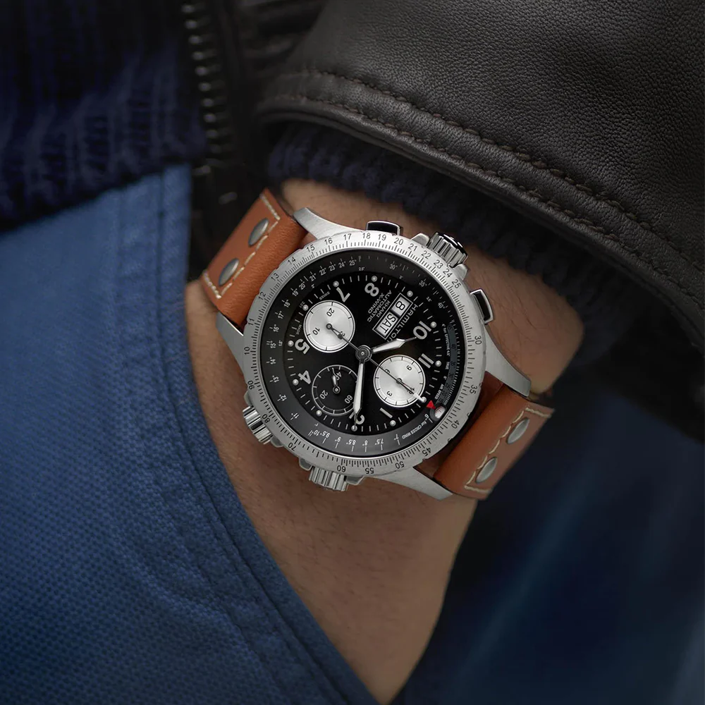 Khaki Aviation X-Wind Auto Chrono 44mm - Black on Leather Strap - Image 3