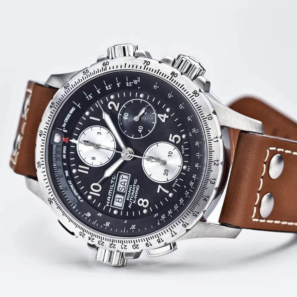Khaki Aviation X-Wind Auto Chrono 44mm - Black on Leather Strap - Image 7