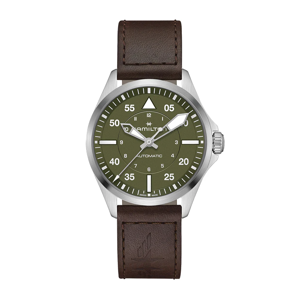 Khaki Aviation Pilot Auto 39mm - Green on Leather Strap