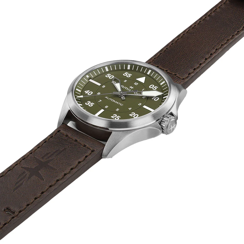 Khaki Aviation Pilot Auto 39mm - Green on Leather Strap - Image 2