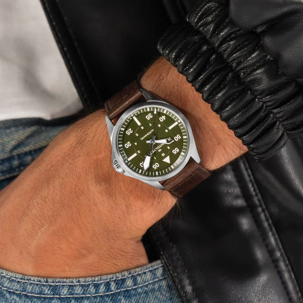 Khaki Aviation Pilot Auto 39mm - Green on Leather Strap - Image 3