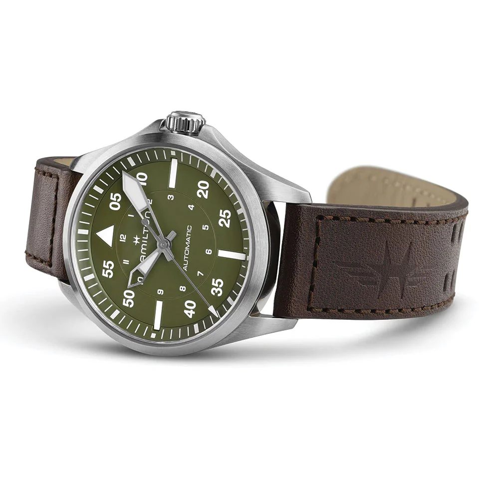 Khaki Aviation Pilot Auto 39mm - Green on Leather Strap - Image 5