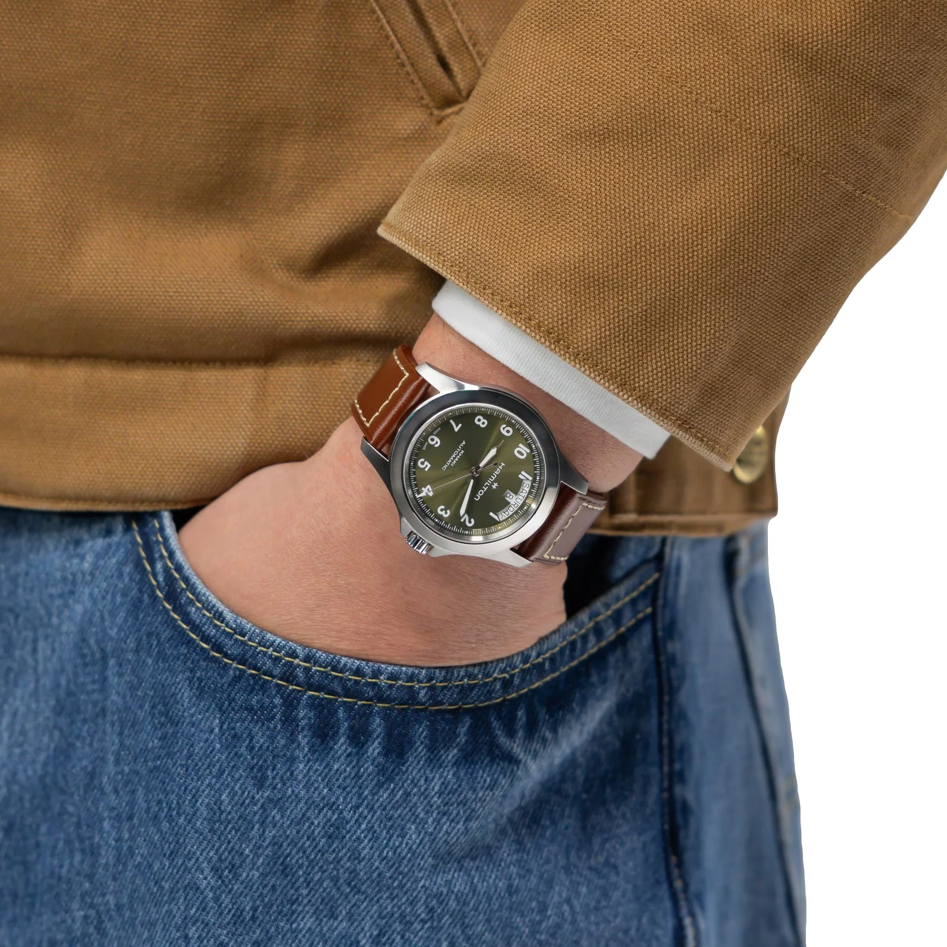 Khaki Field Auto 40mm - Green on Brown Leather Strap - Image 3