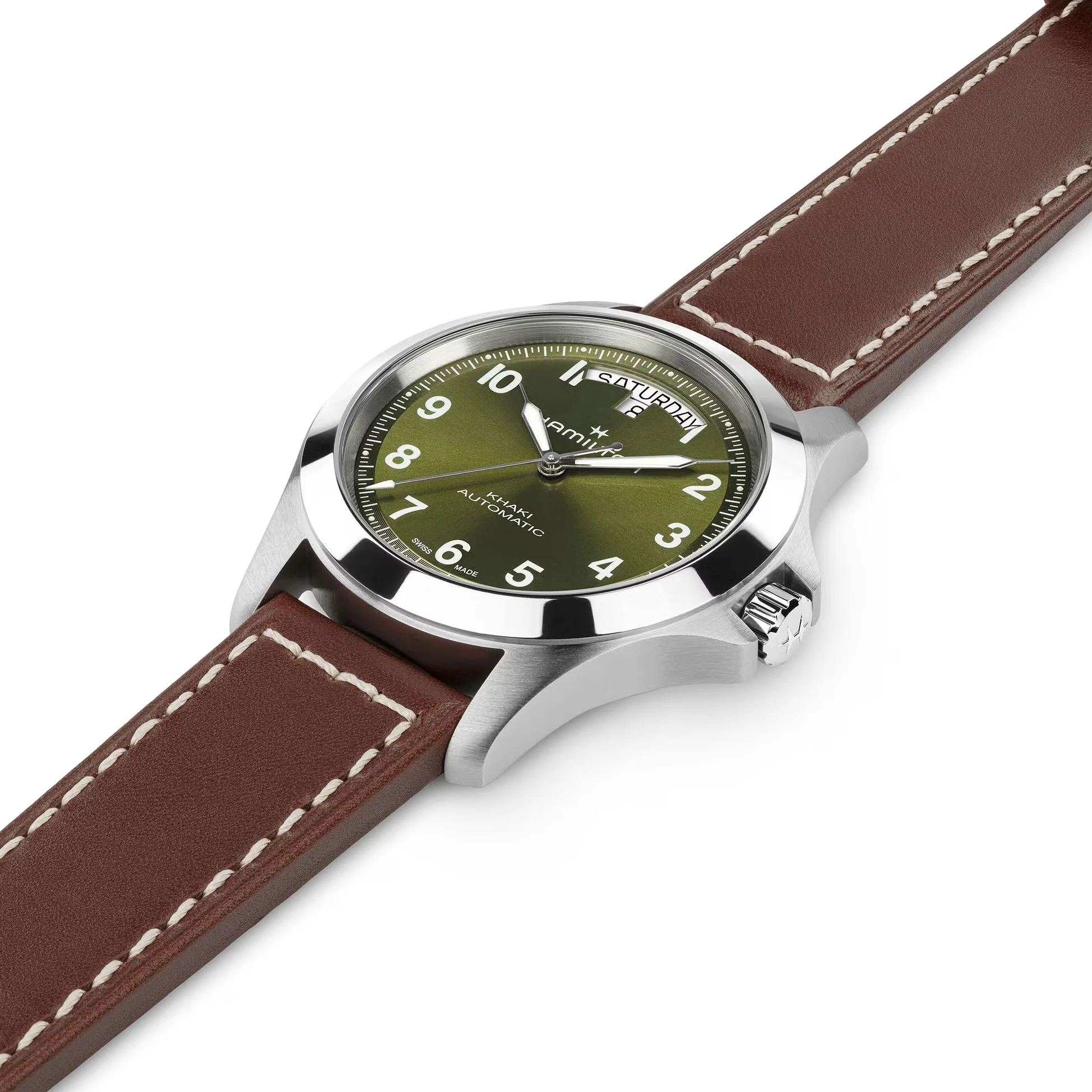 Khaki Field Auto 40mm - Green on Brown Leather Strap - Image 4