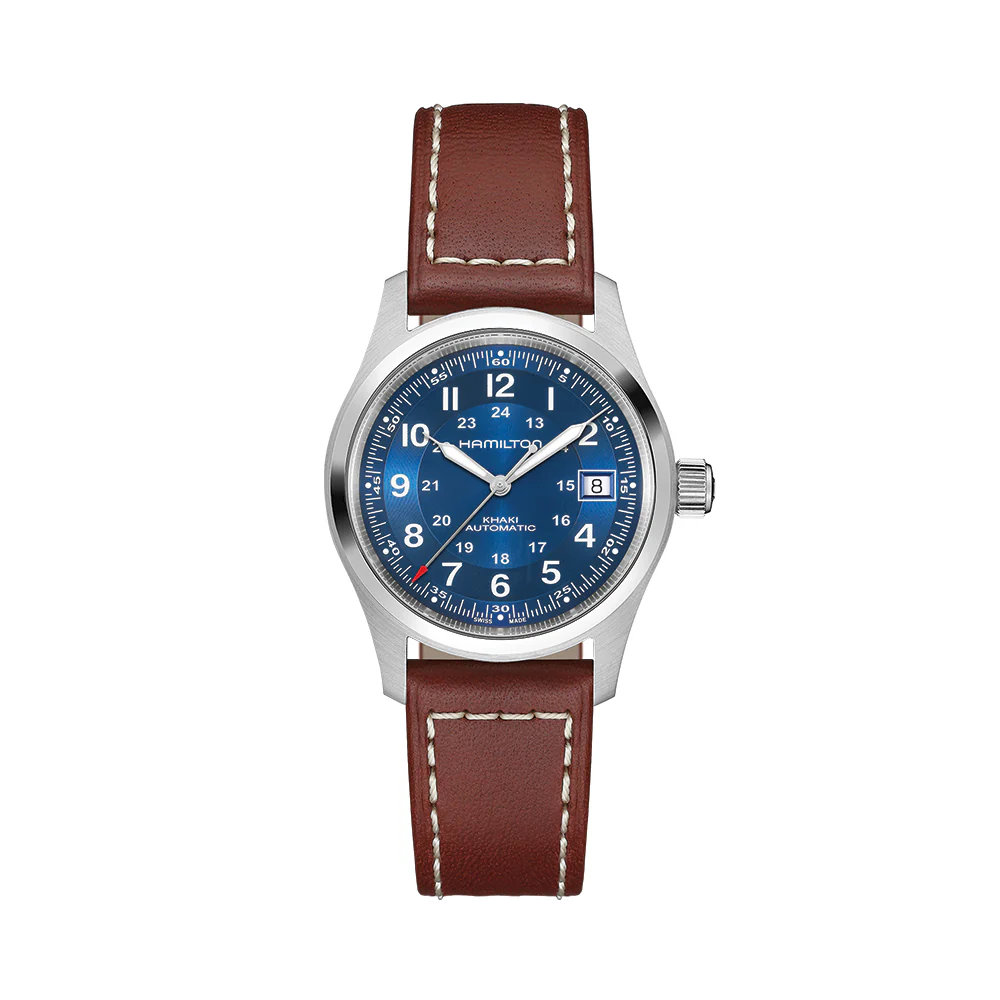 Khaki Field Auto Date 38mm - Blue on Leather Strap