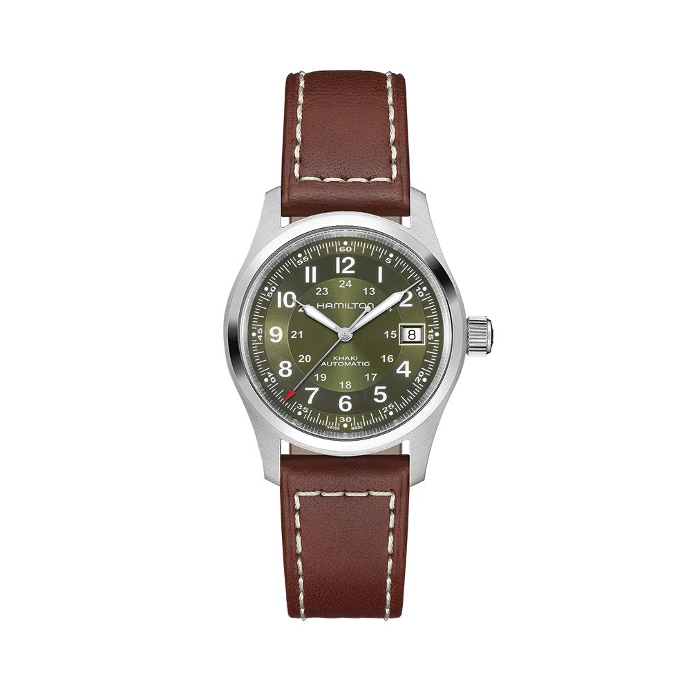 Khaki Field Auto Date 38mm - Green on Leather Strap