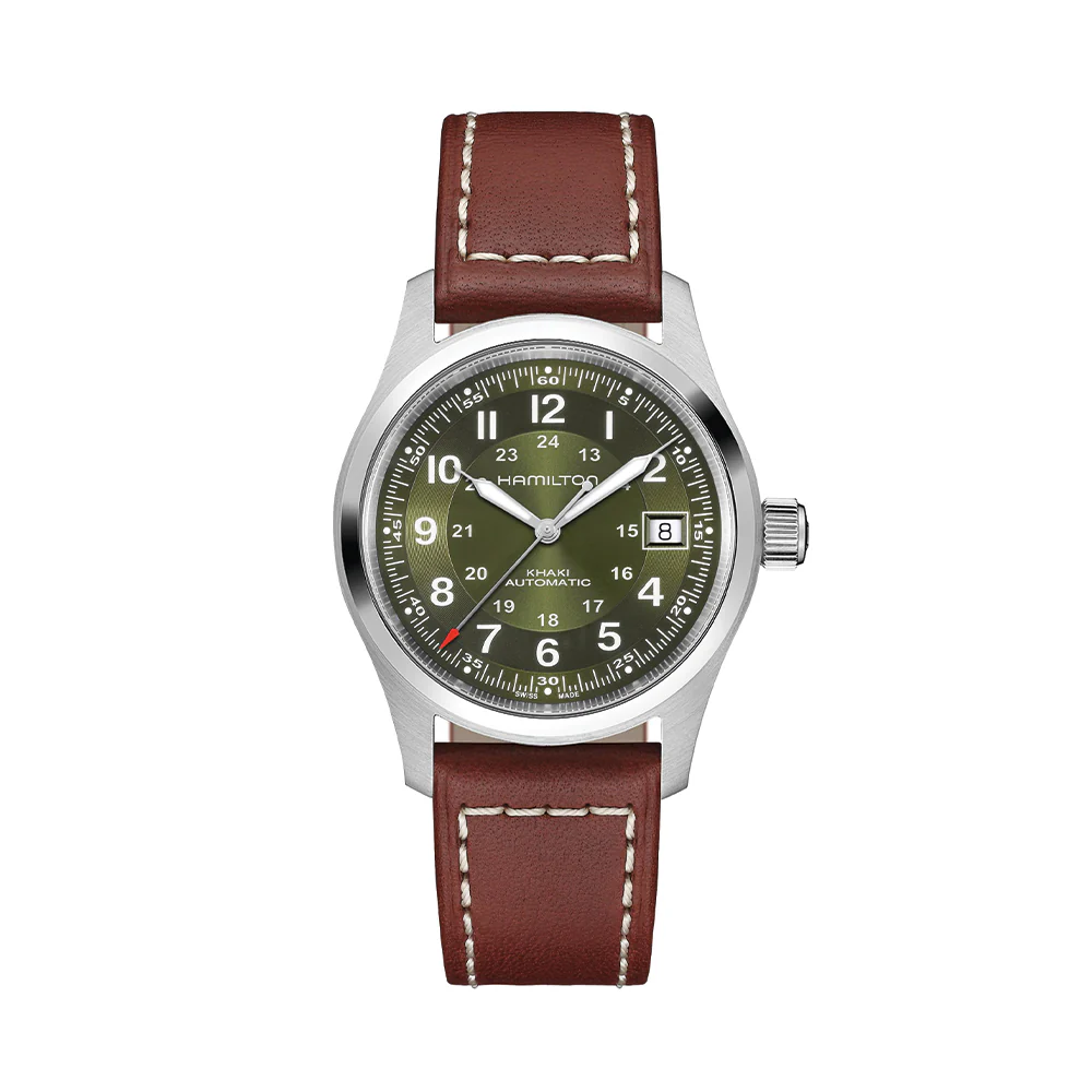 Khaki Field Auto Date 42mm - Green on Leather Strap