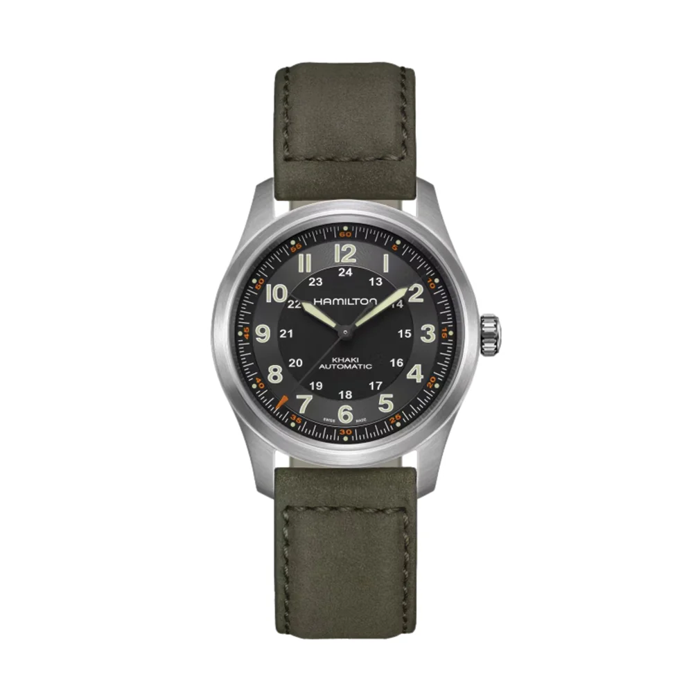 Khaki Field Titanium Auto 38mm - Black on Leather Strap