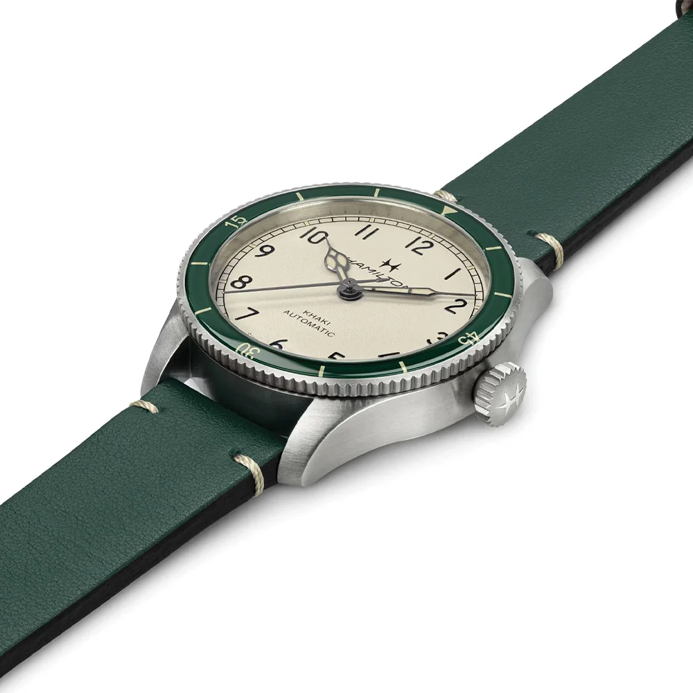 Khaki Aviation Pilot Pioneer Auto 38mm - White on Green Leather Strap - Image 2