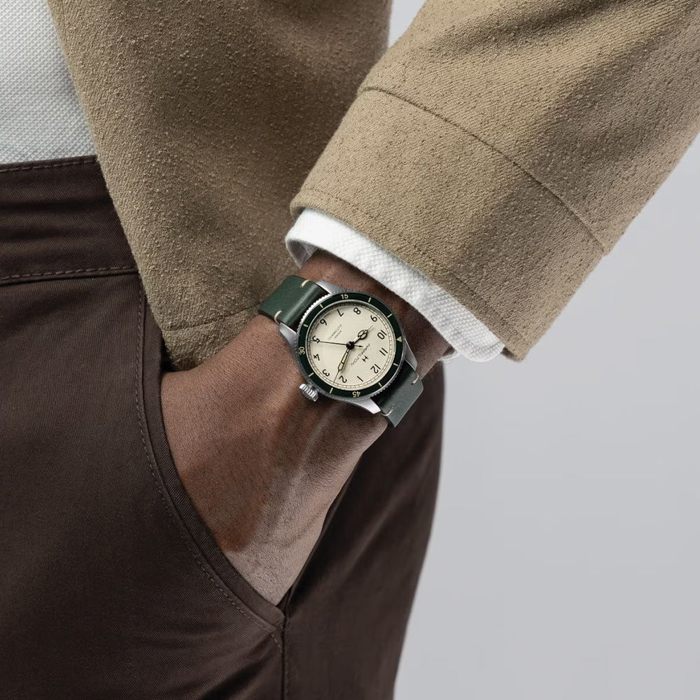 Khaki Aviation Pilot Pioneer Auto 38mm - White on Green Leather Strap - Image 3