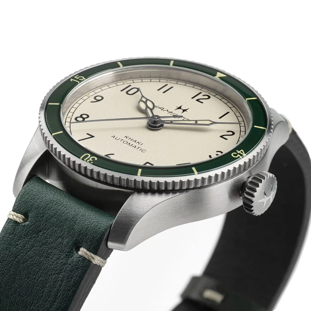 Khaki Aviation Pilot Pioneer Auto 38mm - White on Green Leather Strap - Image 4