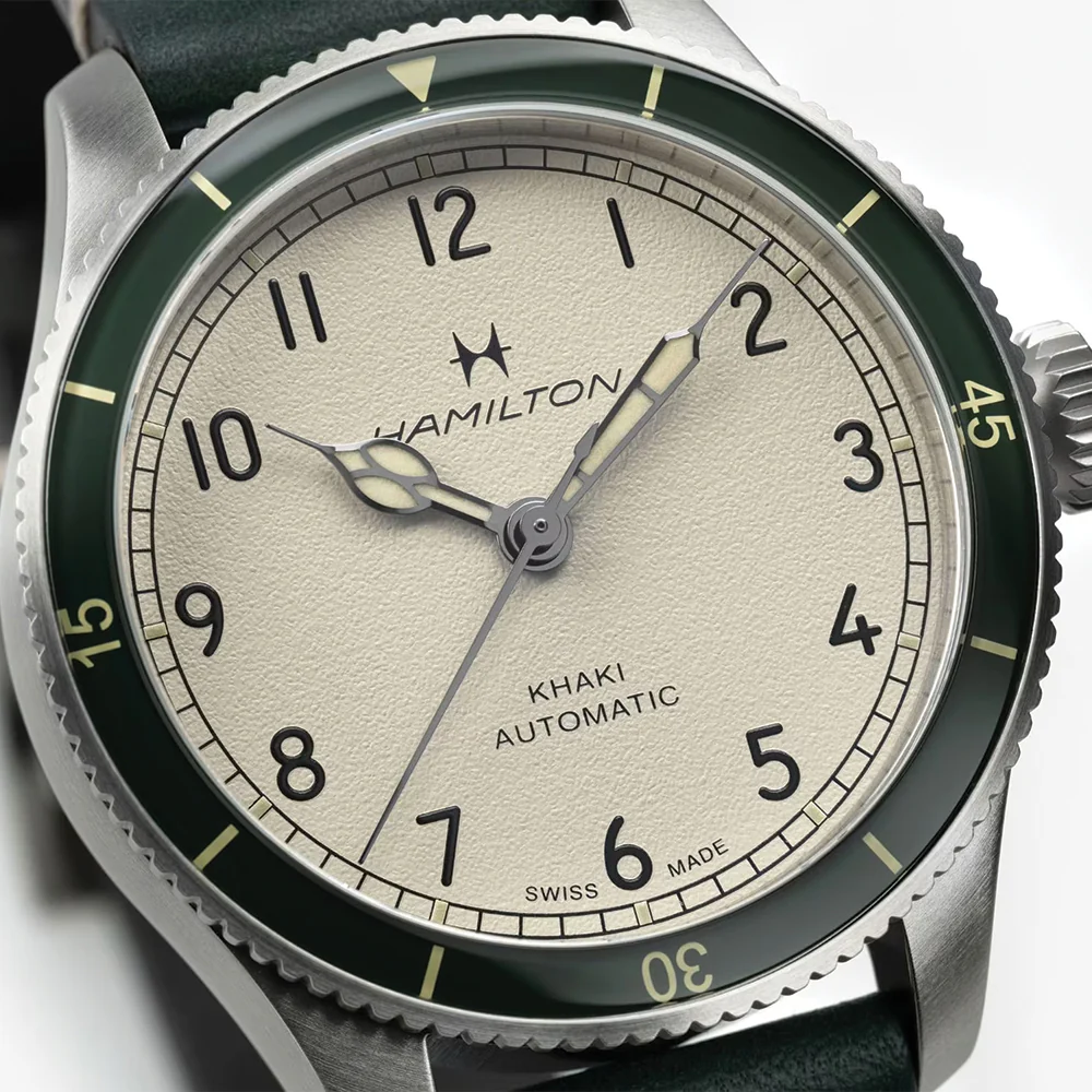 Khaki Aviation Pilot Pioneer Auto 38mm - White on Green Leather Strap - Image 5