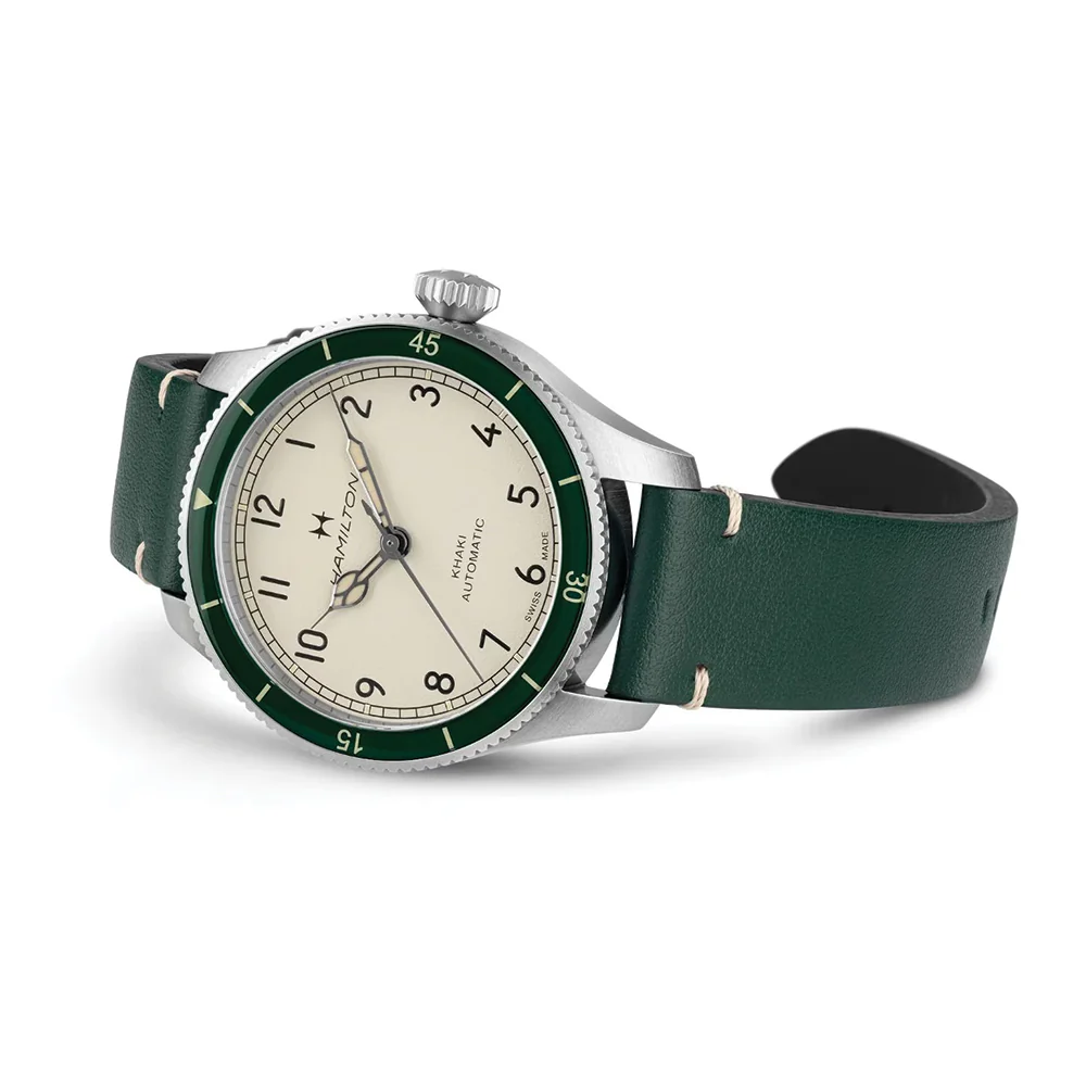 Khaki Aviation Pilot Pioneer Auto 38mm - White on Green Leather Strap - Image 6
