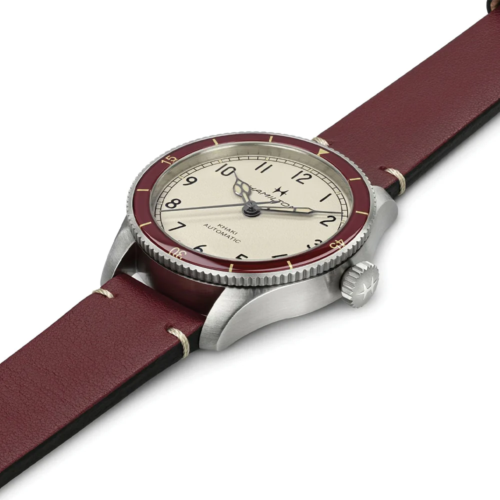 Khaki Aviation Pilot Pioneer Auto 38mm - White on Red Leather Strap - Image 2
